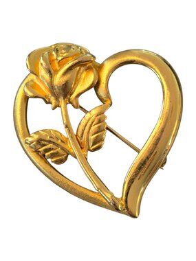 Brooch Gold Tone Rosebud Heart Vintage